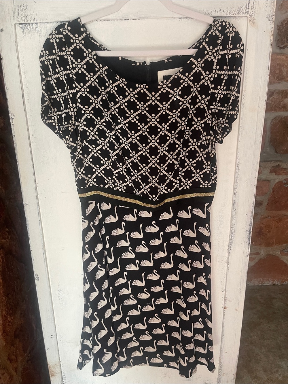 Anthropologie Black and White Swan Mixed Pattern Midi Dress with Gold Accent